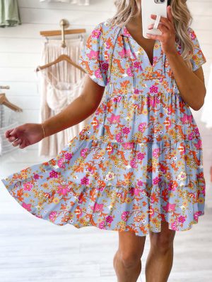 Womens Summer Casual Boho Floral Dresses V Neck Short Sleeve Sundresses Flowy Swing A-Line Mini Dress
