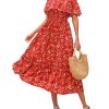 Women's 2025 Spring Summer Boho Off Shoulder Midi Dress Floral Short Sleeve A Line Casual Beach Vacation Dresses