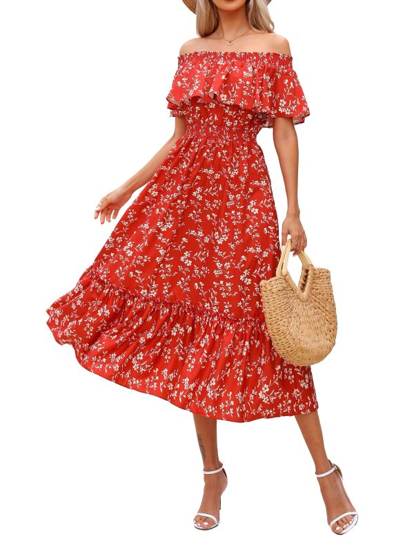 Women's 2025 Spring Summer Boho Off Shoulder Midi Dress Floral Short Sleeve A Line Casual Beach Vacation Dresses