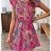 Women's Boho Print Tie Back Mini Dress Ruffle Cap Sleeve Crew Neck Vacation Dresses