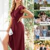 Womens Dresses Ruffle Short Sleeves Empire Waist Elastic V-Neck A-Line Maxi Dress Light Green ＆ Wine Red 2 Sets