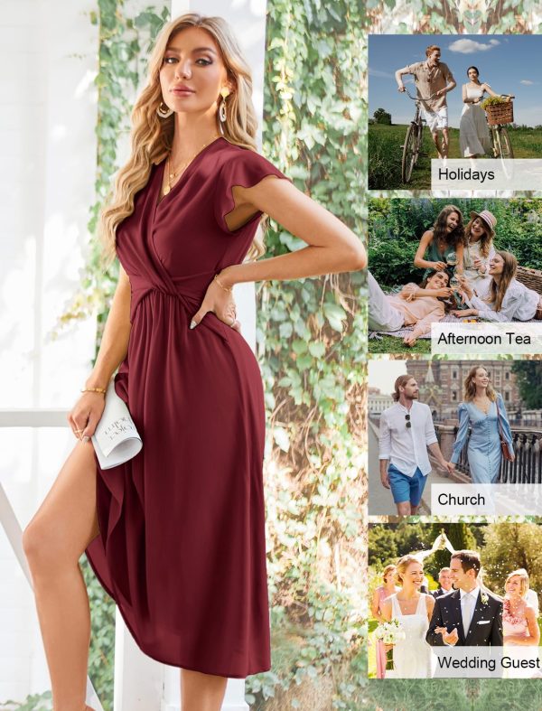 Womens Dresses Ruffle Short Sleeves Empire Waist Elastic V-Neck A-Line Maxi Dress Light Green ＆ Wine Red 2 Sets