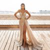 Women Summer Bridesmaid Evening Dress Mesh Hollow Cocktail Party Sundresses Sleeveless V Neck Split Long Wedding Dress