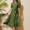 Women's Tiered Midi Dress with Tie Waist Flowy Summer Casual Short Sleeve Boho Swing Dress with Pocket
