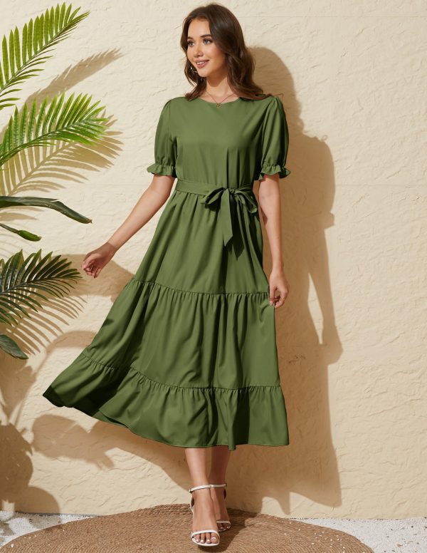 Women's Tiered Midi Dress with Tie Waist Flowy Summer Casual Short Sleeve Boho Swing Dress with Pocket