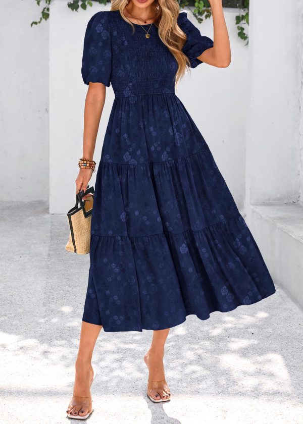 Womens Summer Dresses Wedding Guest Floral Midi Sundress Short Puff Sleeve Flowy A Line Smocked Tiered Boho Dress