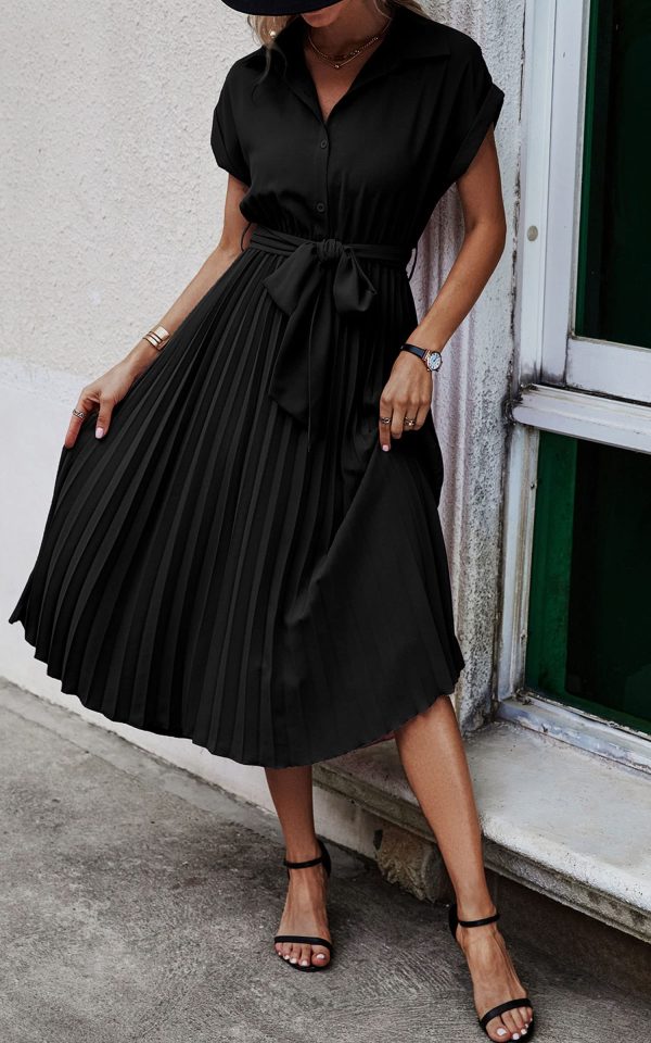Womens Casual Midi Dresses Solid V Neck Short Sleeve Button Shirt Belted Dress with Pockets for Spring Summer 2025