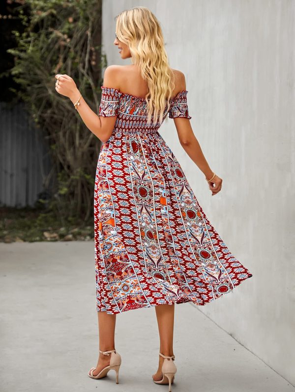 Women's Off The Shoulder Dresses Boho Flowy Smocked Maxi Sundress Beach Vacation Summer Dress 2024