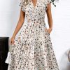 Womens Summer Casual Dresses Ruffle Sleeve V Neck Midi Dress Flowy Tiered Dress with Pockets Boho Sundresses