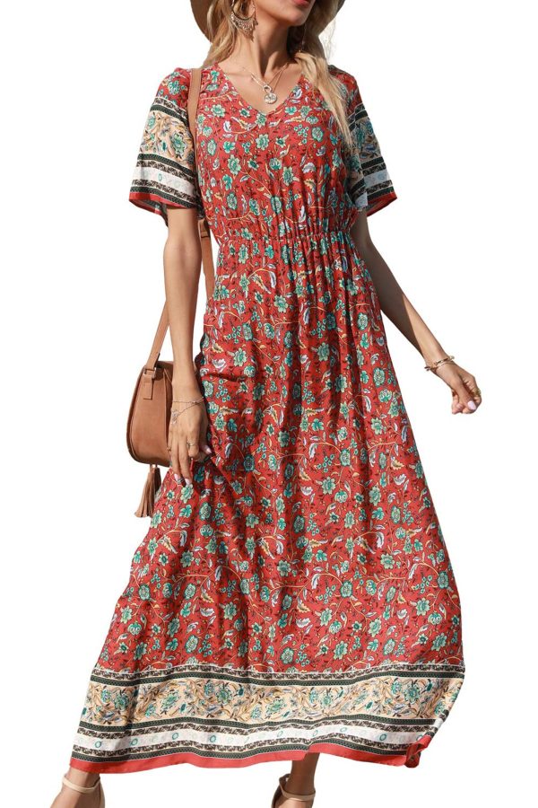 Women's Summer Boho Floral Dress Casual Beach Vacation Sundress V Neck Short Sleeve Long Maxi Dresses