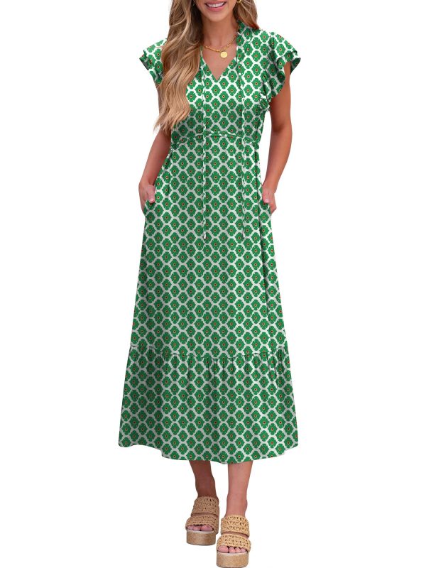 Womens Summer Casual Dresses Cap Sleeve V Neck Maxi Dress Flowy A Line Tiered Boho Beach Vacation Sundress