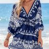 Women Casual Boho Sundress Summer Floral Print Tie Front Dress 3/4 Sleeves Paisley Beach Mini Dresses