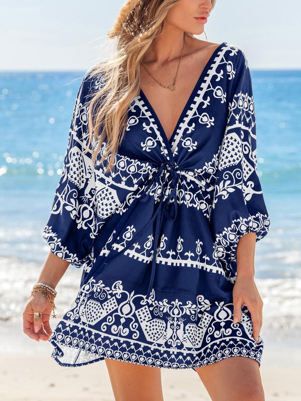 Women Casual Boho Sundress Summer Floral Print Tie Front Dress 3/4 Sleeves Paisley Beach Mini Dresses