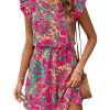 Women's Boho Print Tie Back Mini Dress Ruffle Cap Sleeve Crew Neck Vacation Dresses