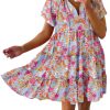 Womens Summer Casual Boho Floral Dresses V Neck Short Sleeve Sundresses Flowy Swing A-Line Mini Dress
