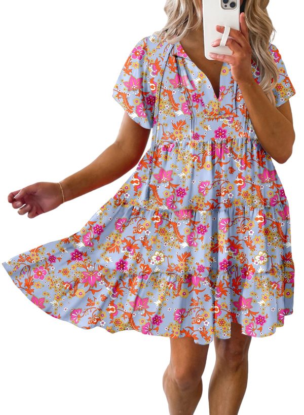 Womens Summer Casual Boho Floral Dresses V Neck Short Sleeve Sundresses Flowy Swing A-Line Mini Dress