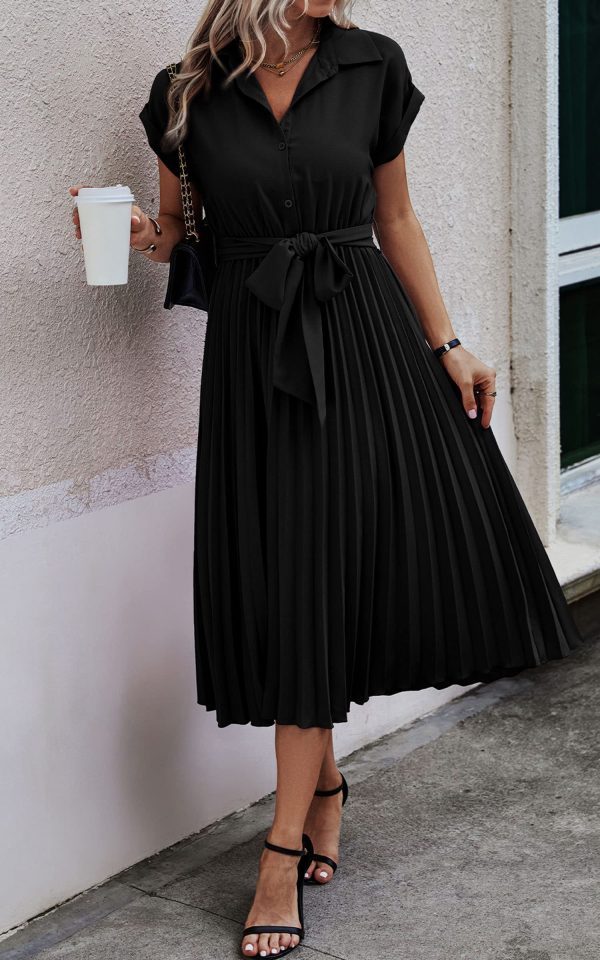 Womens Casual Midi Dresses Solid V Neck Short Sleeve Button Shirt Belted Dress with Pockets for Spring Summer 2025