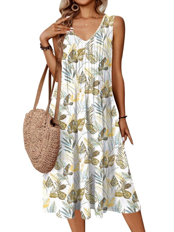 Women Summer Casual Dress 2025 Sleeveless Midi Swing Tank Sundress with Pockets V Neck A Line Pleated Tshirt Dress