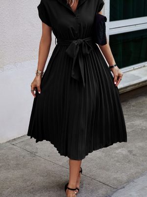 Womens Casual Midi Dresses Solid V Neck Short Sleeve Button Shirt Belted Dress with Pockets for Spring Summer 2025