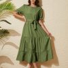 Women's Tiered Midi Dress with Tie Waist Flowy Summer Casual Short Sleeve Boho Swing Dress with Pocket