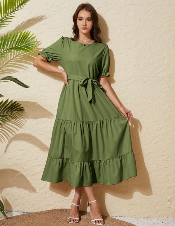 Women's Tiered Midi Dress with Tie Waist Flowy Summer Casual Short Sleeve Boho Swing Dress with Pocket
