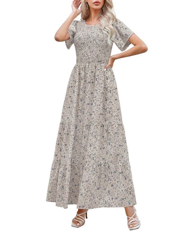 Women Summer Dress Round Neck Flutter Short Sleeve Smocked Ruffle Tiered Floral Maxi Dress 2024