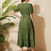 Women's Tiered Midi Dress with Tie Waist Flowy Summer Casual Short Sleeve Boho Swing Dress with Pocket