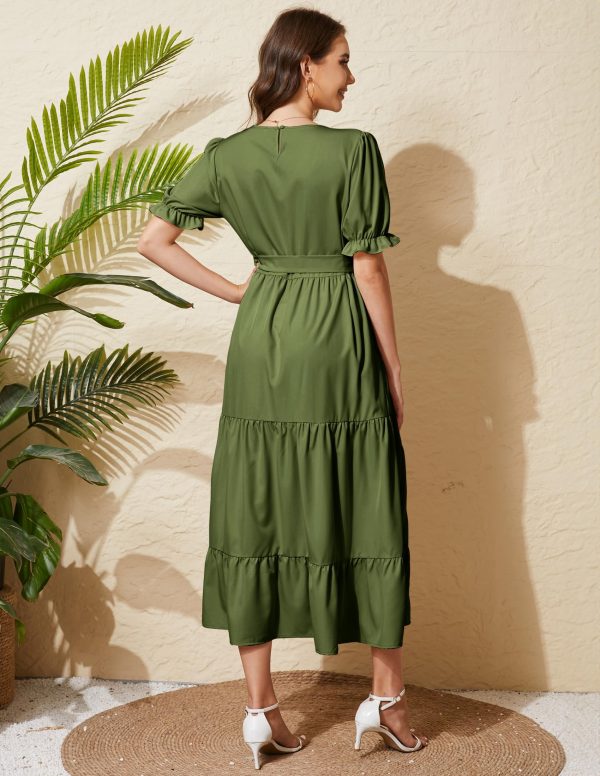 Women's Tiered Midi Dress with Tie Waist Flowy Summer Casual Short Sleeve Boho Swing Dress with Pocket