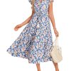 Womens Summer Floral Midi Dresses Short Sleeve Beach Wedding Guest Dress Drawstring Long Flowy Dress with Pockets