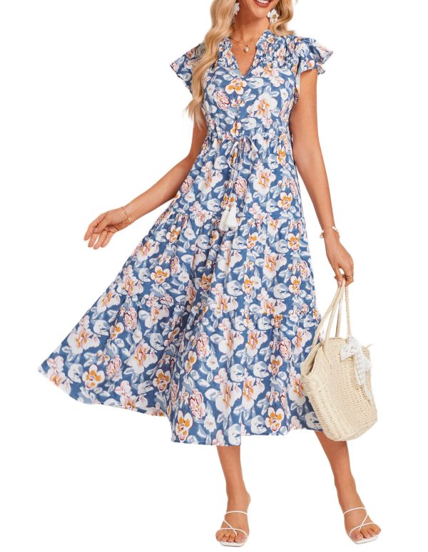Womens Summer Floral Midi Dresses Short Sleeve Beach Wedding Guest Dress Drawstring Long Flowy Dress with Pockets