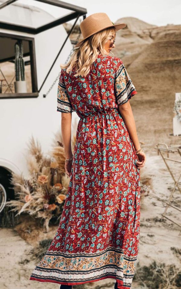 Women's Summer Boho Floral Dress Casual Beach Vacation Sundress V Neck Short Sleeve Long Maxi Dresses