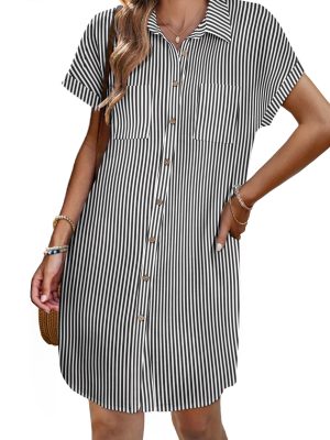 Womens Button Down Shirt Dress Summer Cotton Linen Dress V-Neck Mini Dress Casual Short Sleeve Loose Tunic Dresses
