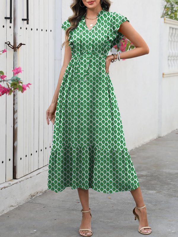 Womens Summer Casual Dresses Cap Sleeve V Neck Maxi Dress Flowy A Line Tiered Boho Beach Vacation Sundress