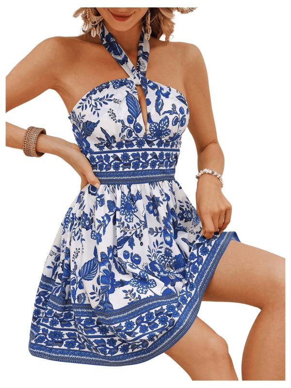 Women's Boho All Over Print Halter Dress Shirred Back Summer Vacation Flared A Line Mini Dresses