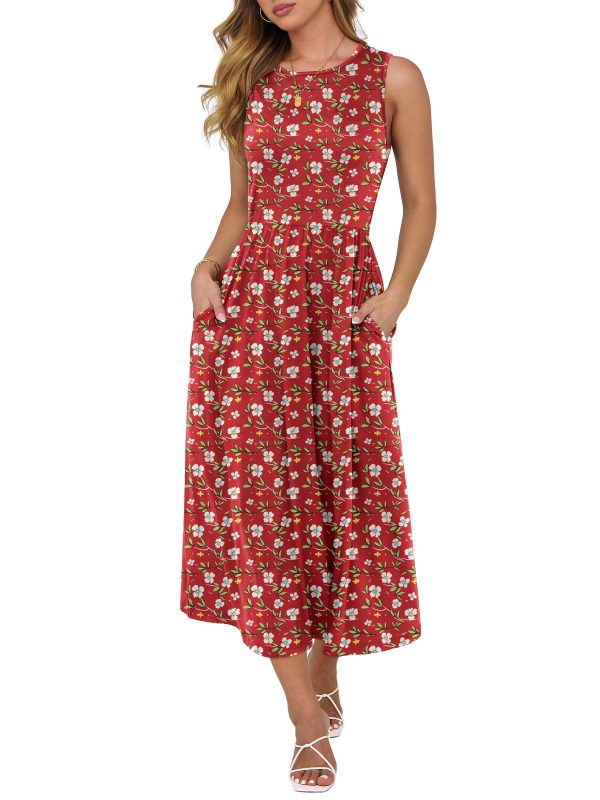 Womens Summer Sleeveless Midi Dress Casual Floral Printed A-Line Tank Beach Sundress with Pockets