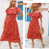 Women's 2025 Spring Summer Boho Off Shoulder Midi Dress Floral Short Sleeve A Line Casual Beach Vacation Dresses
