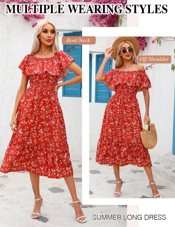 Women's 2025 Spring Summer Boho Off Shoulder Midi Dress Floral Short Sleeve A Line Casual Beach Vacation Dresses