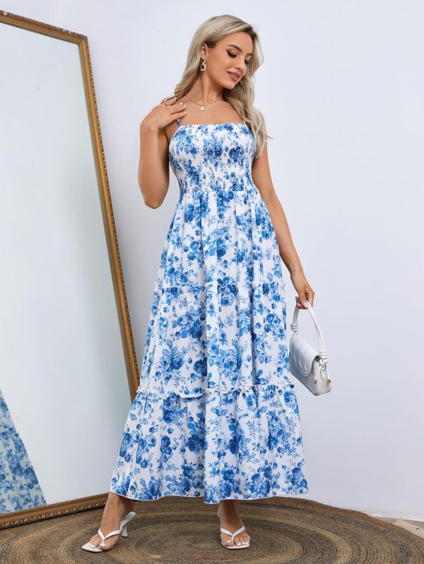 Women's Floral Print Shirred Cami Dress Spaghetti Strap Sleeveless High Waist Flare Long Dress