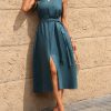 Women's Linen Midi Dress V Neck Sleeveless Waist Belt Slit Dresses with Pockets 100% Linen
