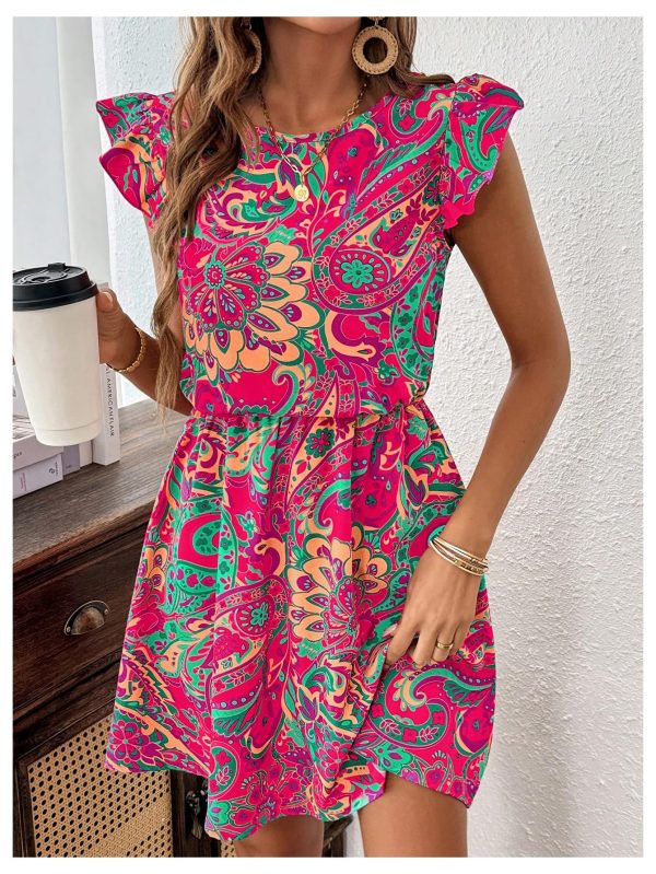 Women's Boho Print Tie Back Mini Dress Ruffle Cap Sleeve Crew Neck Vacation Dresses