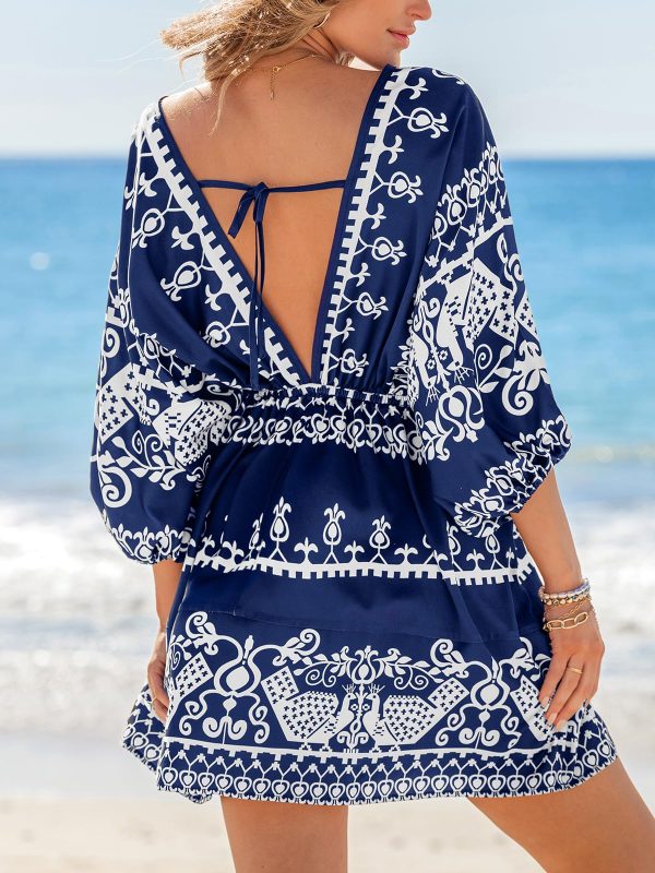Women Casual Boho Sundress Summer Floral Print Tie Front Dress 3/4 Sleeves Paisley Beach Mini Dresses