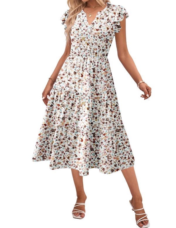 Womens Summer Casual Dresses Ruffle Sleeve V Neck Midi Dress Flowy Tiered Dress with Pockets Boho Sundresses