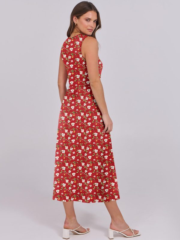 Womens Summer Sleeveless Midi Dress Casual Floral Printed A-Line Tank Beach Sundress with Pockets