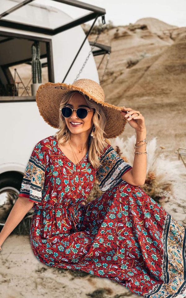 Women's Summer Boho Floral Dress Casual Beach Vacation Sundress V Neck Short Sleeve Long Maxi Dresses