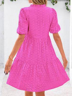 Eyelet Summer Dresses for Women Mini Casual Hollow Out Short Sleeve Lace Tiered V Neck Shift Dress with Pockets