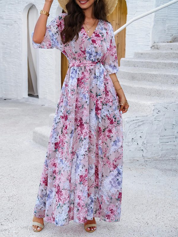 Womens Half Sleeve Wrap V Neck Chiffon Floral Casual Maxi Dress Spring Summer Wedding Guest Dresses for Women 2025
