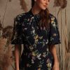 Women's Floral Printed Flutter Sleeve Midi Dress with Twist Mock Neck and Asymmetrical Hem