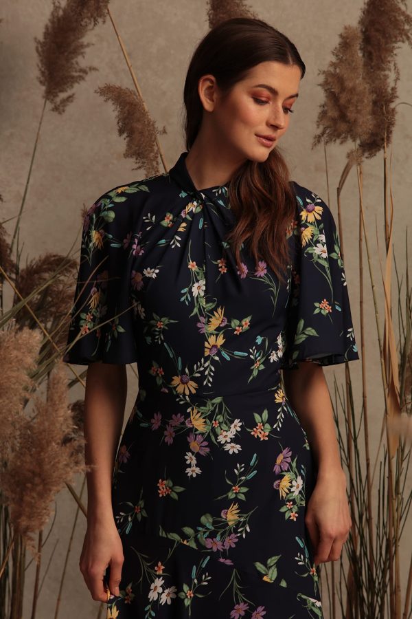Women's Floral Printed Flutter Sleeve Midi Dress with Twist Mock Neck and Asymmetrical Hem