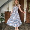 Womens Summer Floral Midi Dresses Short Sleeve Beach Wedding Guest Dress Drawstring Long Flowy Dress with Pockets