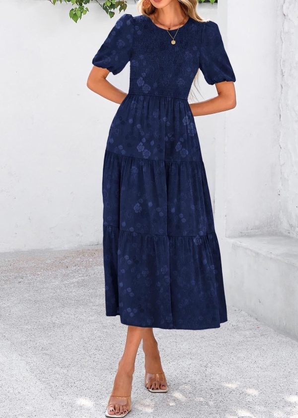 Womens Summer Dresses Wedding Guest Floral Midi Sundress Short Puff Sleeve Flowy A Line Smocked Tiered Boho Dress